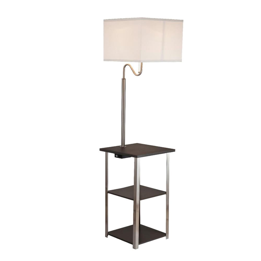 58" Tall "Dru" 3-Tiered Square Side Table Floor Lamp with Charging Station and USB Port, Brushed Silver