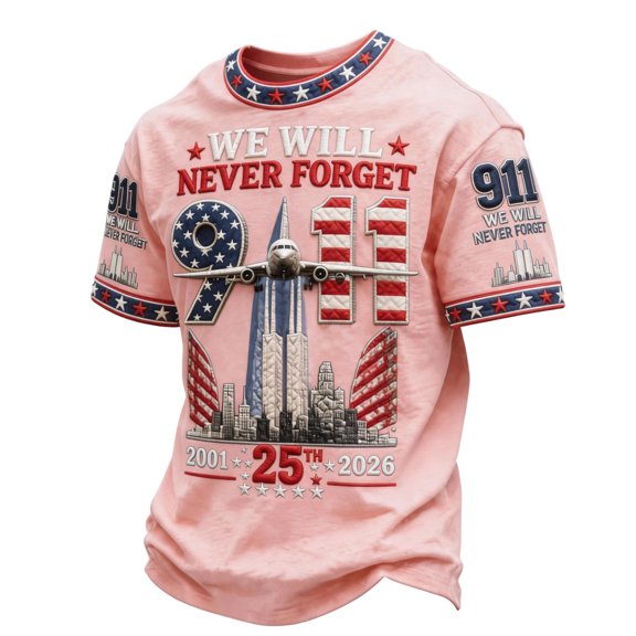 Hsovts Mens US Flag Twin Towers T‑Shirt 9/11 25Th Anniversary Patriot Day Full Graphic Print Crew Neck Short Sleeve Summer Daily Tops Pink 3xL