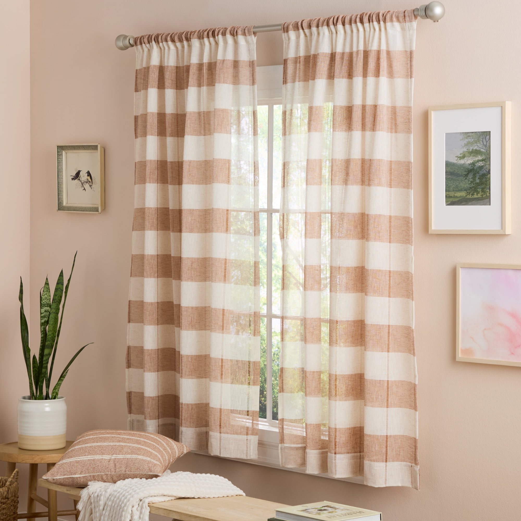 TOWN & COUNTRY BASICS Pax Semi-Sheer Stripe, Light Filtering Indoor Curtains 2-Pack Rust/Linen, 50"x63"