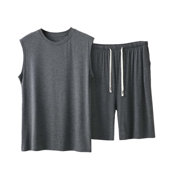 Men's Modal Sleeveless Lounge Sets 2026 Summer Crew Neck Tank Tops Drawstring Waist Shorts Soft Comfortable Casual Outfits Dark Gray 3XL