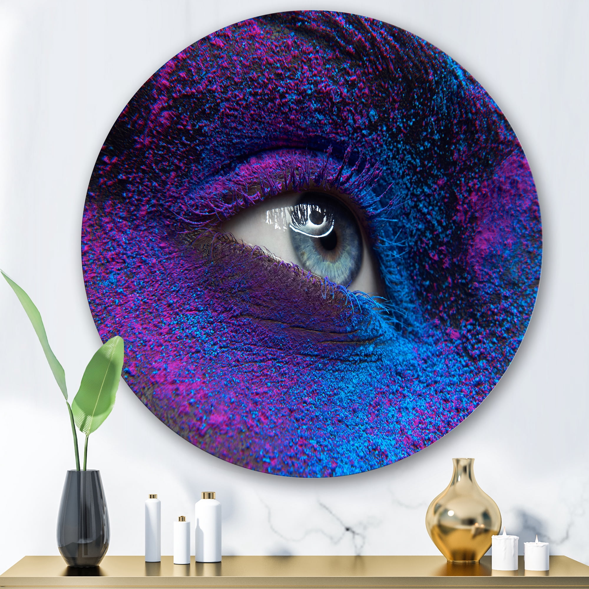 Designart 'Woman Eye With Dry Paint Dust Pigment On Face' Modern Circle Metal Wall Art 36x36 - Disc of 36