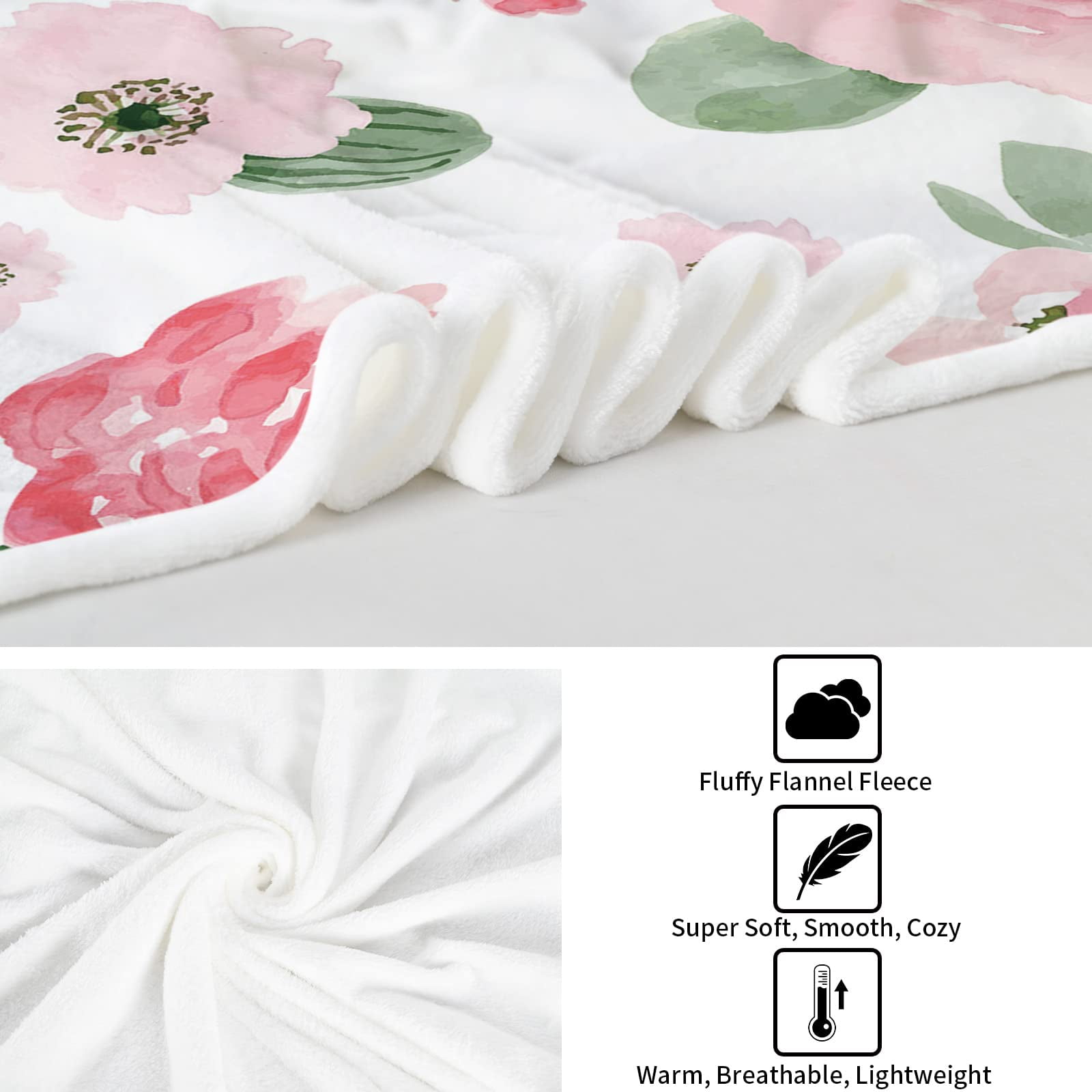 Floral Throw Blanket, Pink Rose Floral Throw Blanket, Soft Cozy Flannel Flower Blankets, Fluffy Fuzzy Rosebuds Wildflowers Print Blankets for Girls Women Gifts Home Sofa Couch Bed Decor,(40"x50")