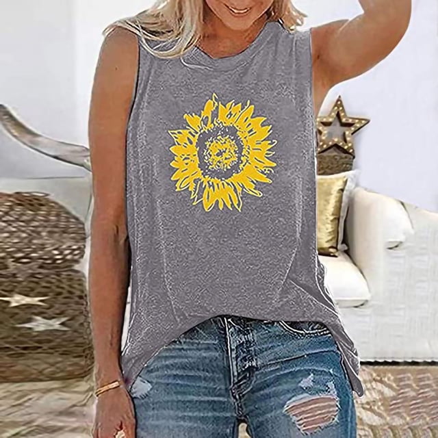 ICHUANYI Clearance Womens Tank Tops Casual Loose Fit Plus Size Sunflower Printed Tee(Gray, L) ICHUANYI WER2023081504093