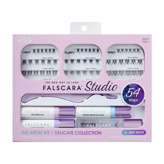 KISS Falscara Studio False Eyelashes with Accessories, Cluster Lashes, Delicate, Black, 8mm-12mm, 54 Pieces