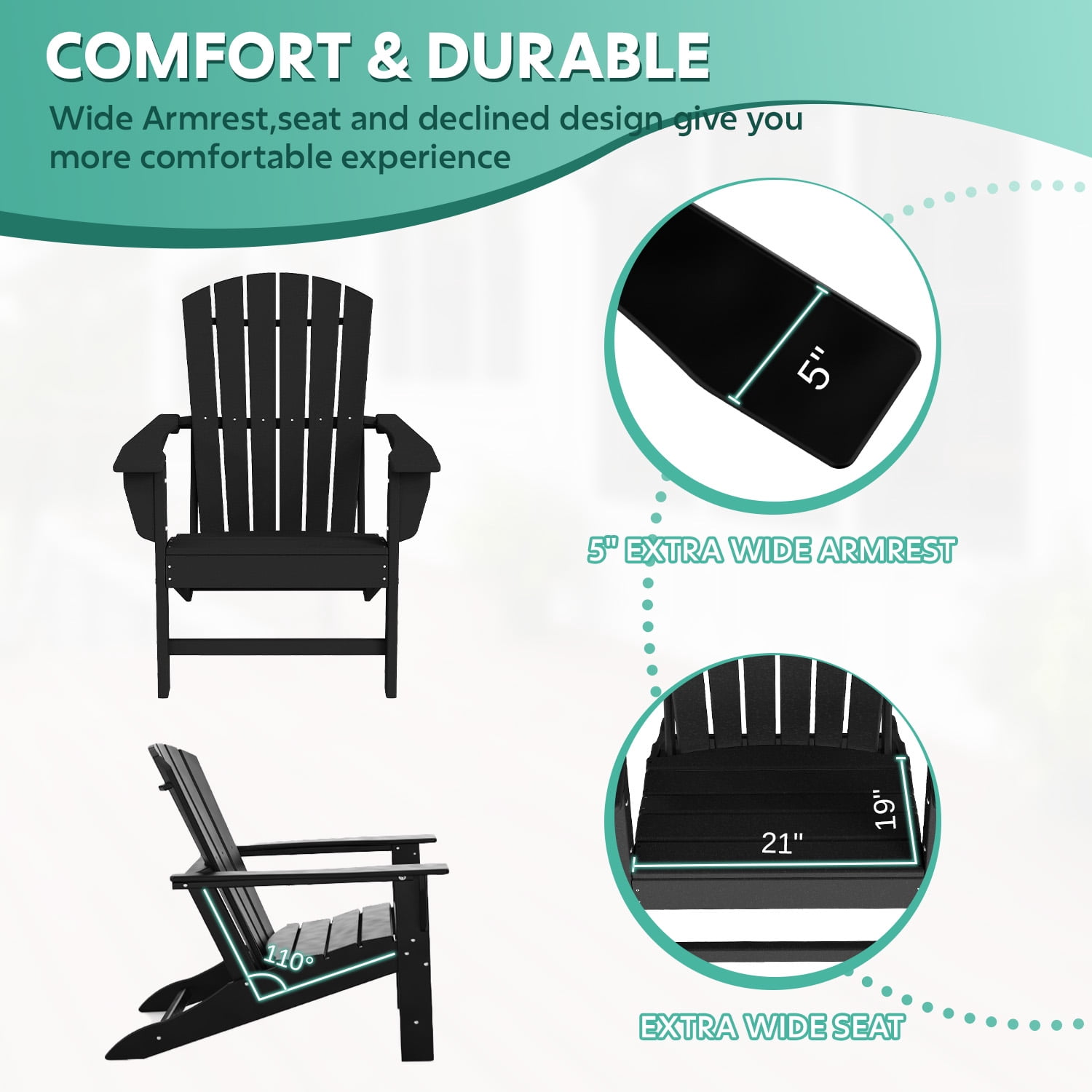 Hidpriva Set of 2 Adirondack Chairs, HDPE Weather Resistant Outdoor Chair w/ 400LBS Capacity for Patio, Garden and Fire Pit,Black