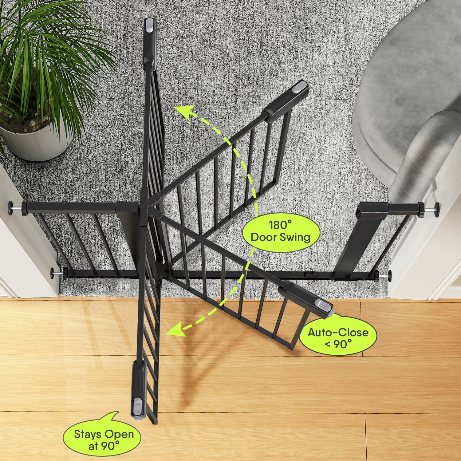 27-43" Baby Gate for Stairs, Dog Gate for Doorways, Pressure Mounted Pet Gates for Dogs Indoor, Durable Safety Child Gate with Easy Walk Thru Door, Black