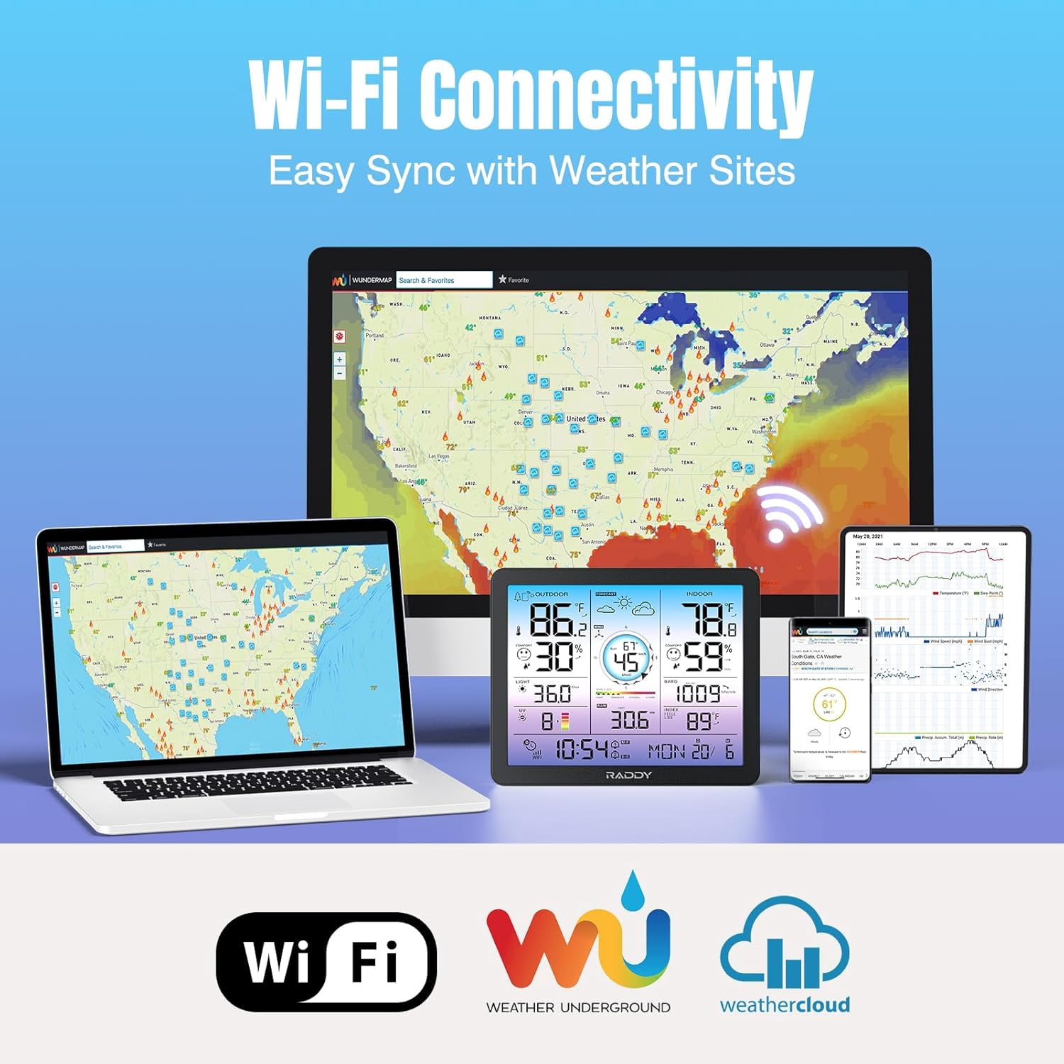 Raddy VP7 Wi-Fi Weather Station, 15-in-1 Wireless Weather Station Indoor Outdoor with Rain Gauge, Wind Speed, Temperature Humidity Monitor, Weather Forecast and Barometer, 7.4'' Digital Color Display