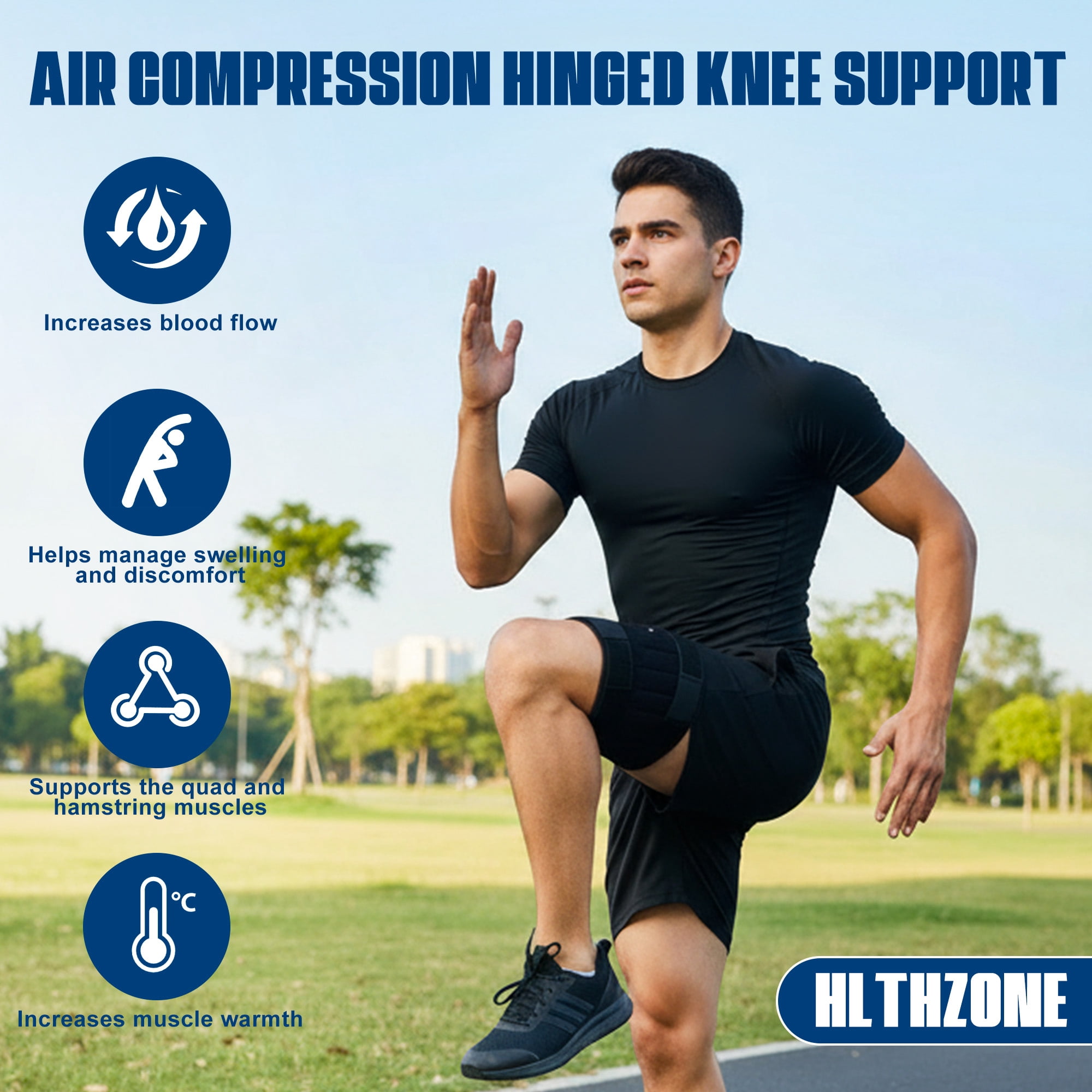 HLTHZONE Hinged Knee Brace with 6 Aluminum Splints & Manual Air Pump, Adjustable Compression Knee Support for Knee Pain Relief, Meniscus Tear, Arthritis, Sports Recovery, Adjustable, Black