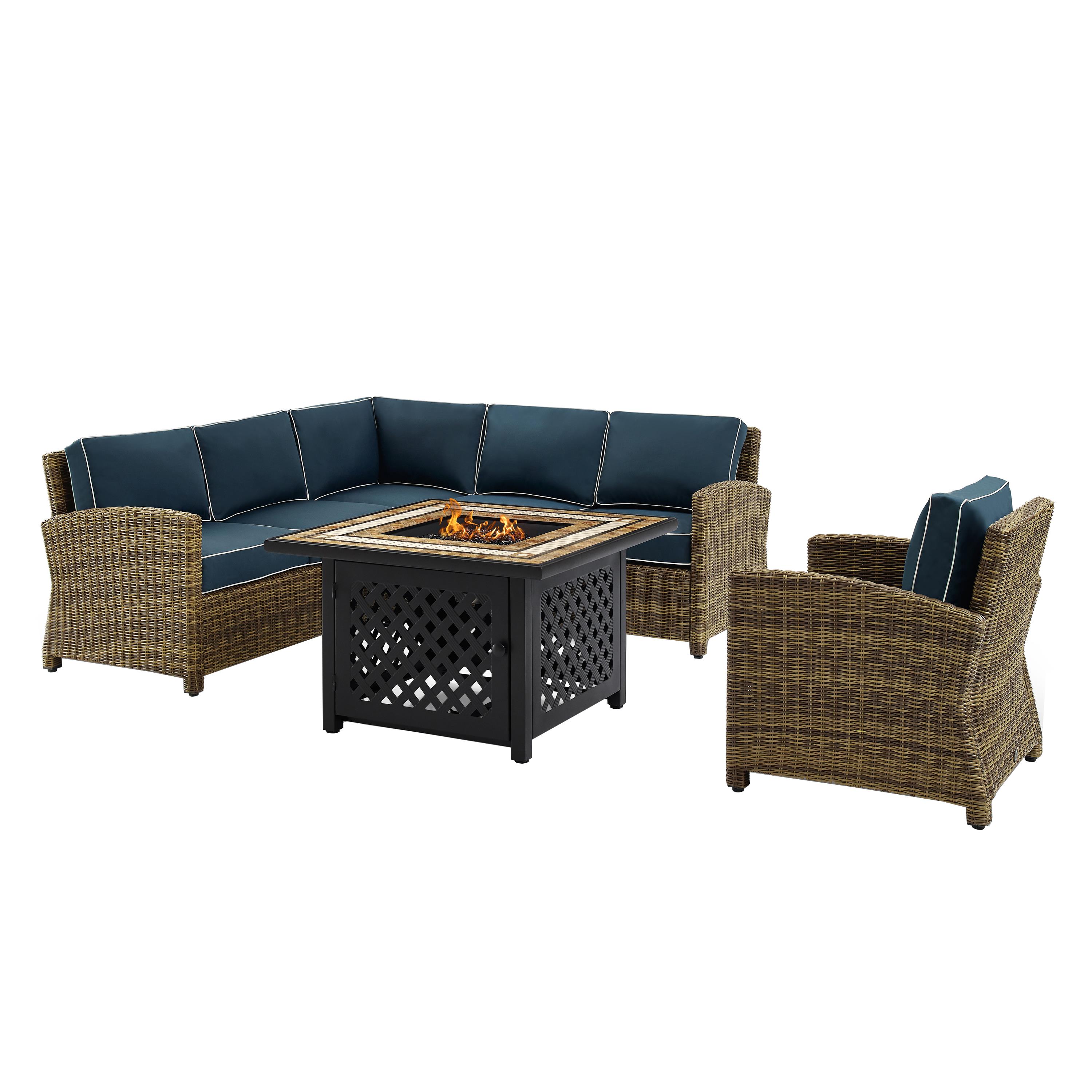 Bradenton 5Pc Outdoor Wicker Sectional Set W/Fire Table Weathered Brown/Navy - Right Corner Loveseat, Left Corner Loveseat, Corner Chair, Armchair, & Tucson Fire Table - image 5 of 9