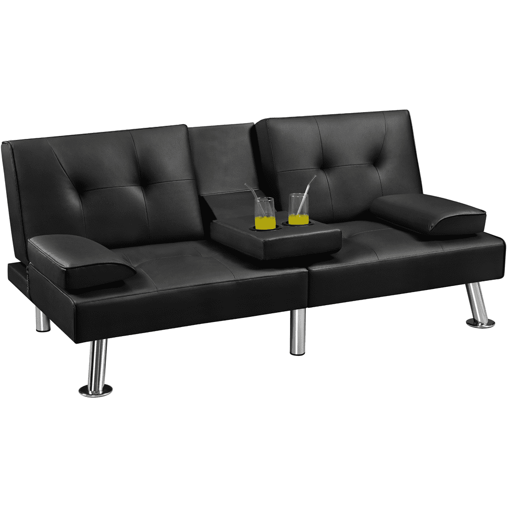 Renwick Modern Faux Leather Futon Sofa Bed Convertible Folding Couch with Cup Holders, Black