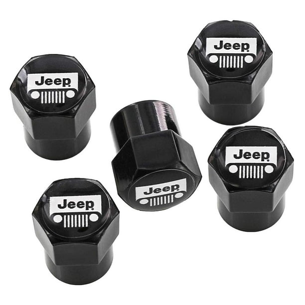 Fundas para tapones de válvulas con el logotipo de Jeep, acabado negro, paquete de 5