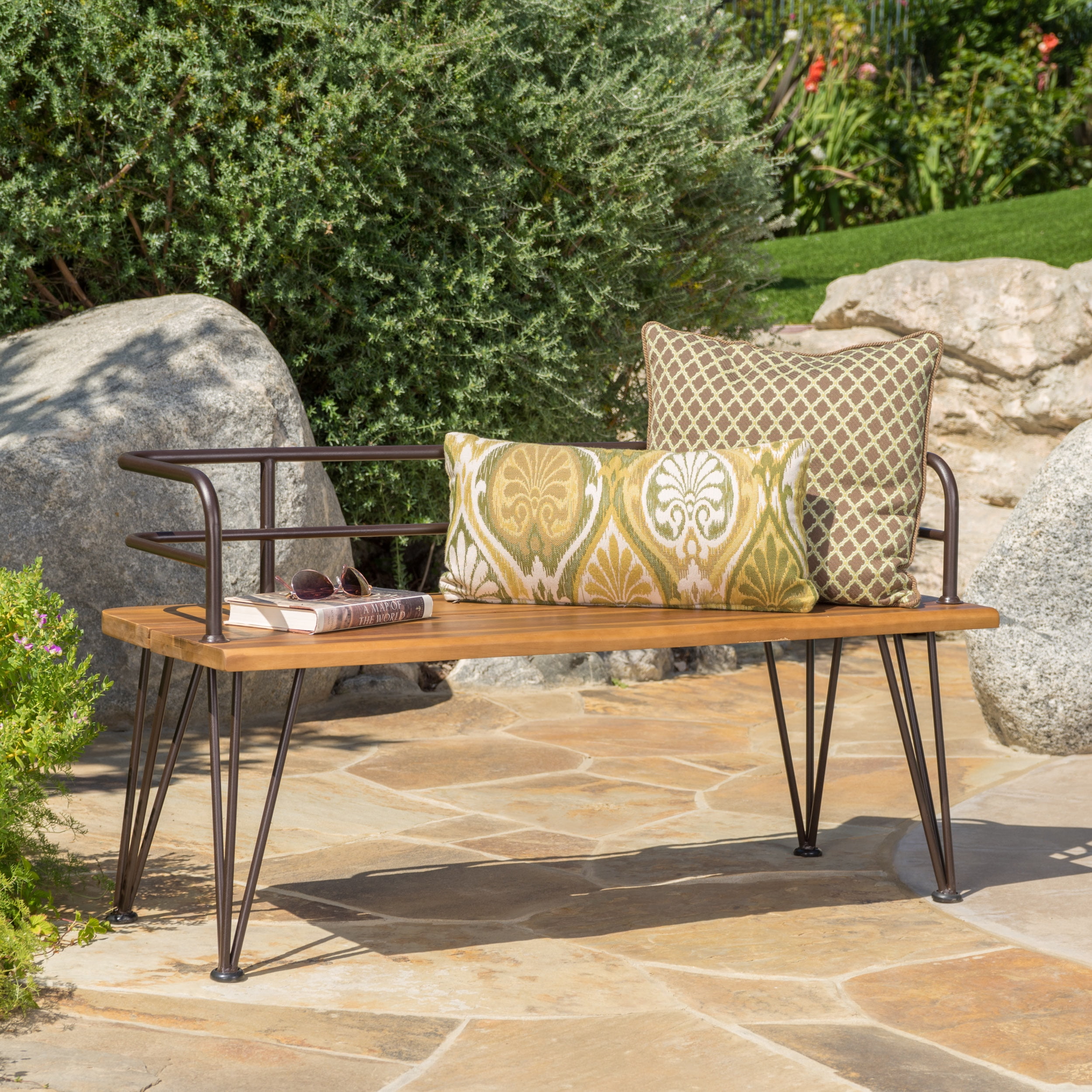 Euroco Rustic Acacia Wood Outdoor Bench with Powder-Coated Iron Frame, Patio Garden Seating