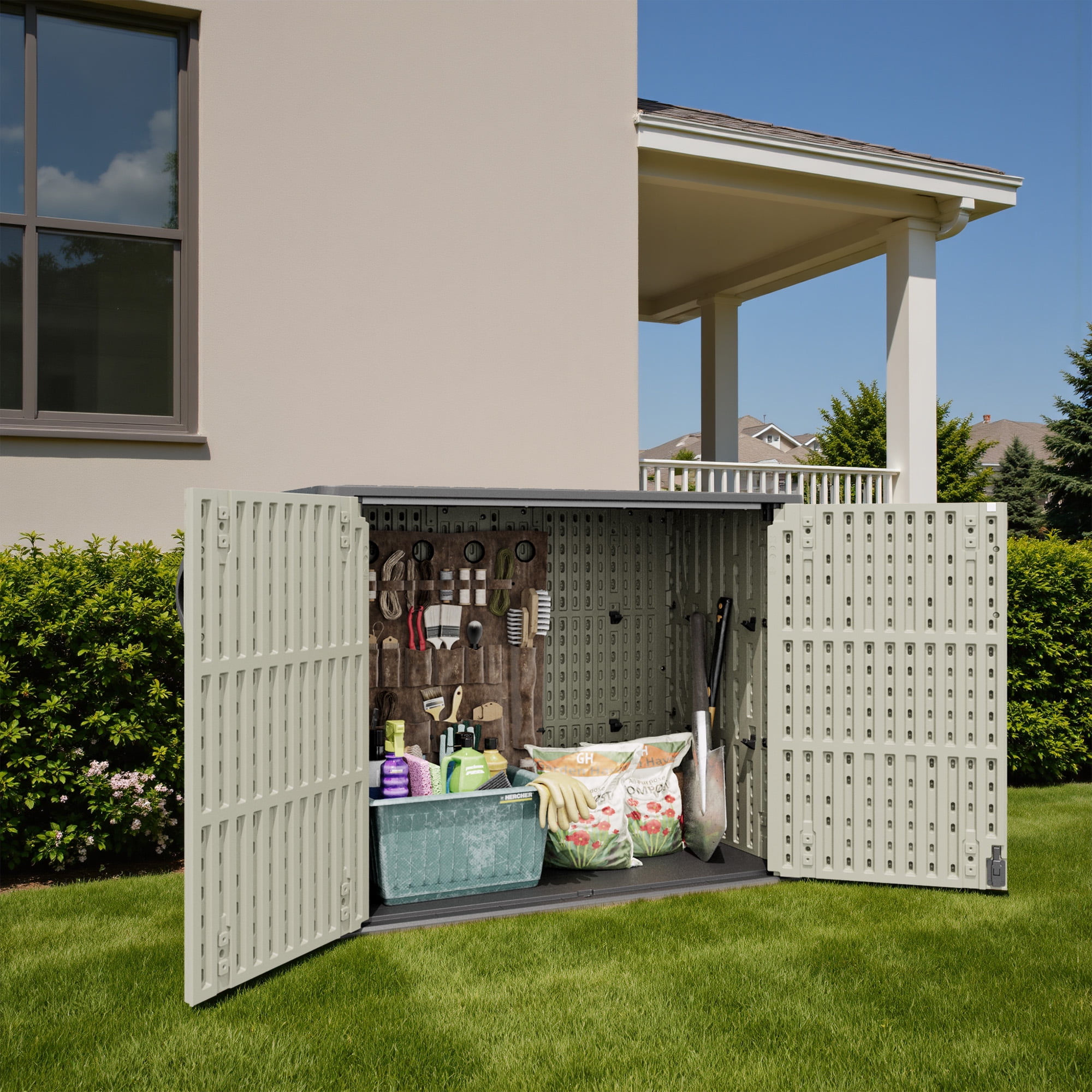 Patiowell 25 Cu.ft Outdoor Storage Shed with Floor, Horizontal Weatherproof Resin Cabinet for Patio, Garden Tools, Pool Supplies, Beige