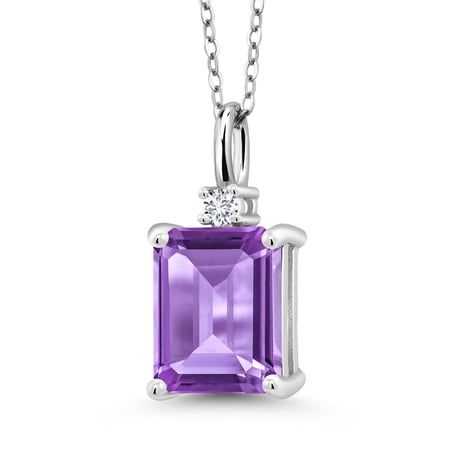 Gem Stone King 925 Silver Purple Amethyst and White Lab Grown Diamond Pendant Necklace for Women (3.54 Cttw, Gemstone February Birthstone, Emerald Cut 10X8MM with 18 inch Silver Chain)