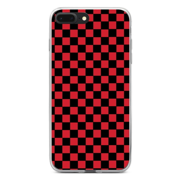 DistinctInk Clear Shockproof Hybrid Case for iPhone 7 PLUS / 8 PLUS (5.5" Screen) - TPU Bumper, Acrylic Back, Tempered Glass Screen Protector - Red Black Checkered Flag Geometric - Checkered Pattern