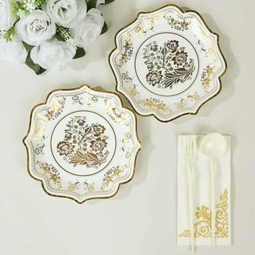 BalsaCircle 25 White Gold 8" Floral Disposable Dessert Paper Plates Scallop Trim Party Events Decorations