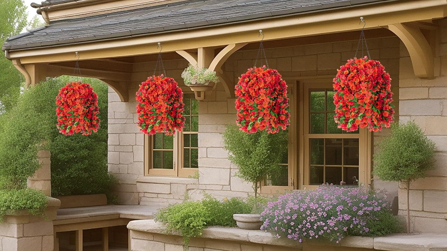 Artificial Hanging Flowers in 12 inch Basket, Fake Plant Silk Orchid Flower Arrangement with Coconut Lining Pot Planter for Patio Garden Porch Deck Spring Decoration(Rose and Pink)