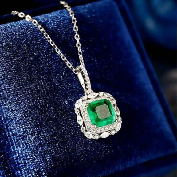 EOEMY Luxury 925 Silver Necklace Pendant Women Green Cubic Zirconia Jewelry Gifts