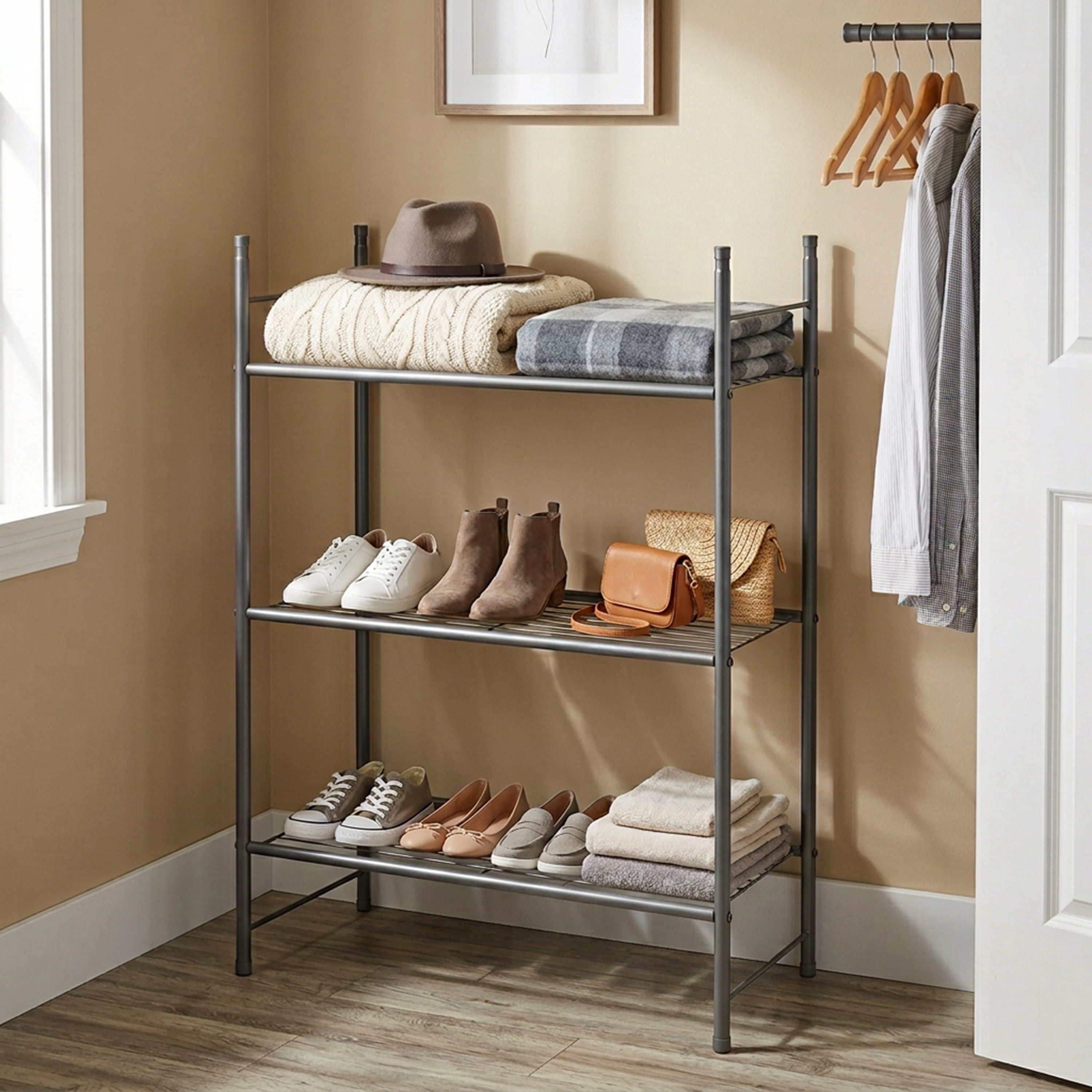 Whitmor 3-Tier Stackable Closet Shelf Organizer-Black