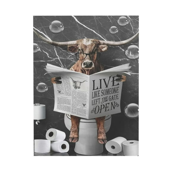 WFSposter Texas Longhorn Cow Bathroom Wall Art Funny Highland Cow in Toilet Bathroom Picture Print Painting Wall Décor for Bathroom Toilet Framed Artwork 12x16 inch