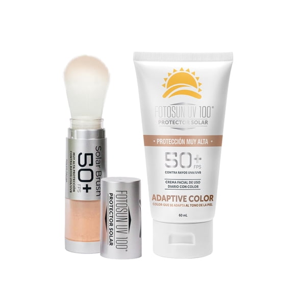 FOTOSUN UV 100 FPS 50+ Solar Brush + Adaptive Color,Protector solar facial con color | Piel sensible, no comedog&eacute;nico, resistente al agua, uso diario (2 piezas)