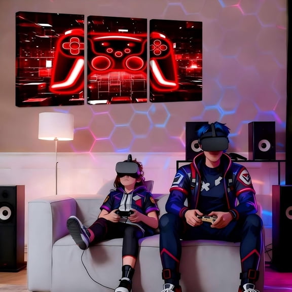 Gaming Wall Art for Living Room Neon Honeycomb Gamer Poster Prints Video Game Consoles Red Hexagon Lights 3 Picture Sets Wall Decor,Kids Bedroom Decor