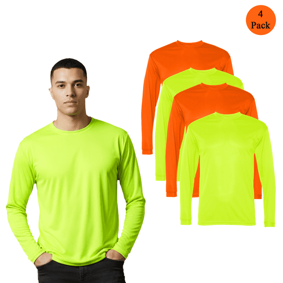 C2 Sport Men's High Performance Long Sleeve T-Shirt, Hi-Vis Work Tee, Safety Yellow and Orange, 4-Pack, S
