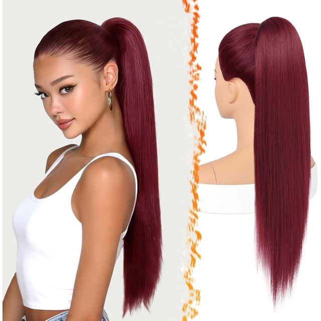 Yanonmyfd Black Straight Drawstring Ponytail Extension - 28 Inch Long Straight Drawstring Ponytail Extension Natural Looking Fluffy Soft Synthetic Cheer Posh Pony Tails Hairpieces Daily Party