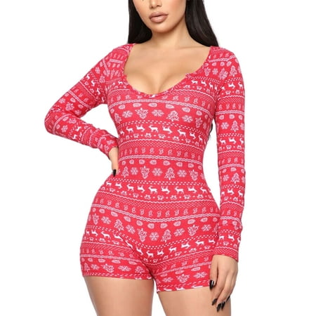 

Women V neck Shorts Onesie Bodysuit Print Long Sleeve Romper Bodycon Jumpsuit Pajamas