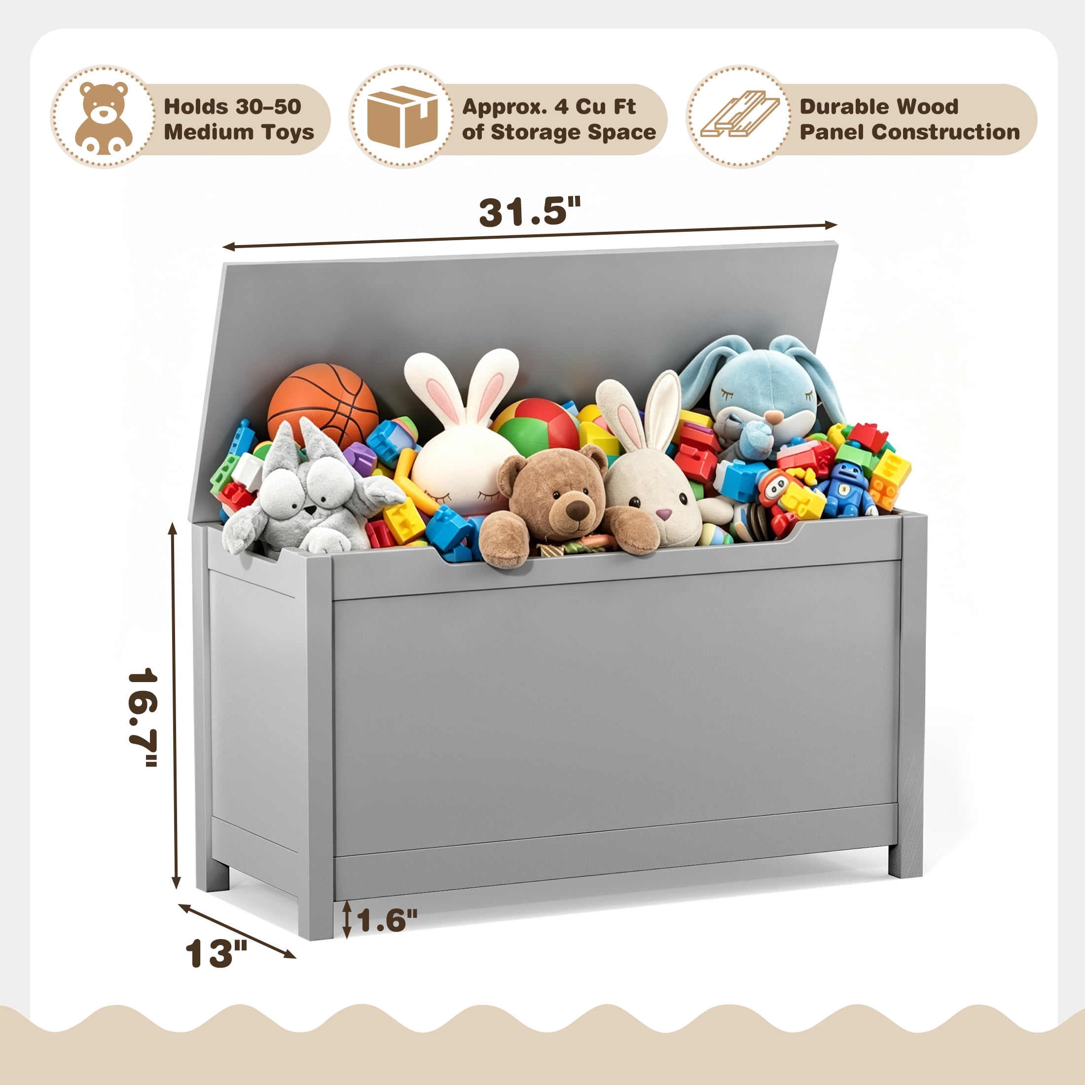 Large Toy Box with Lid, SESSLIFE Wooden Toy Chest and Seating Bench for Boys Girls, Safety Hinged Toy Storage Box, Toy Organizer for Playroom, Bedroom, Nursery, Gray