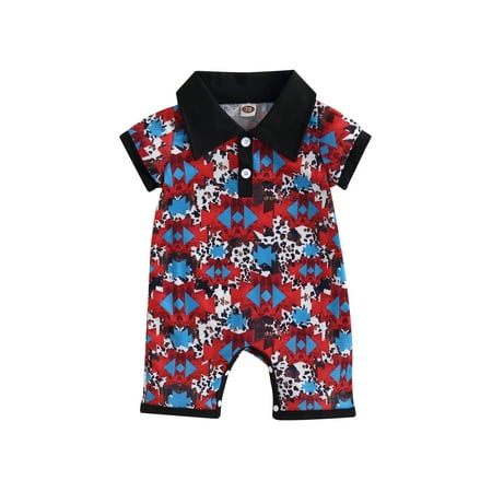 

MissiMae Baby Boy Romper Short Sleeve Lapel Horse / Geometry Print Shorts Jumpsuit for Summer 0-18M