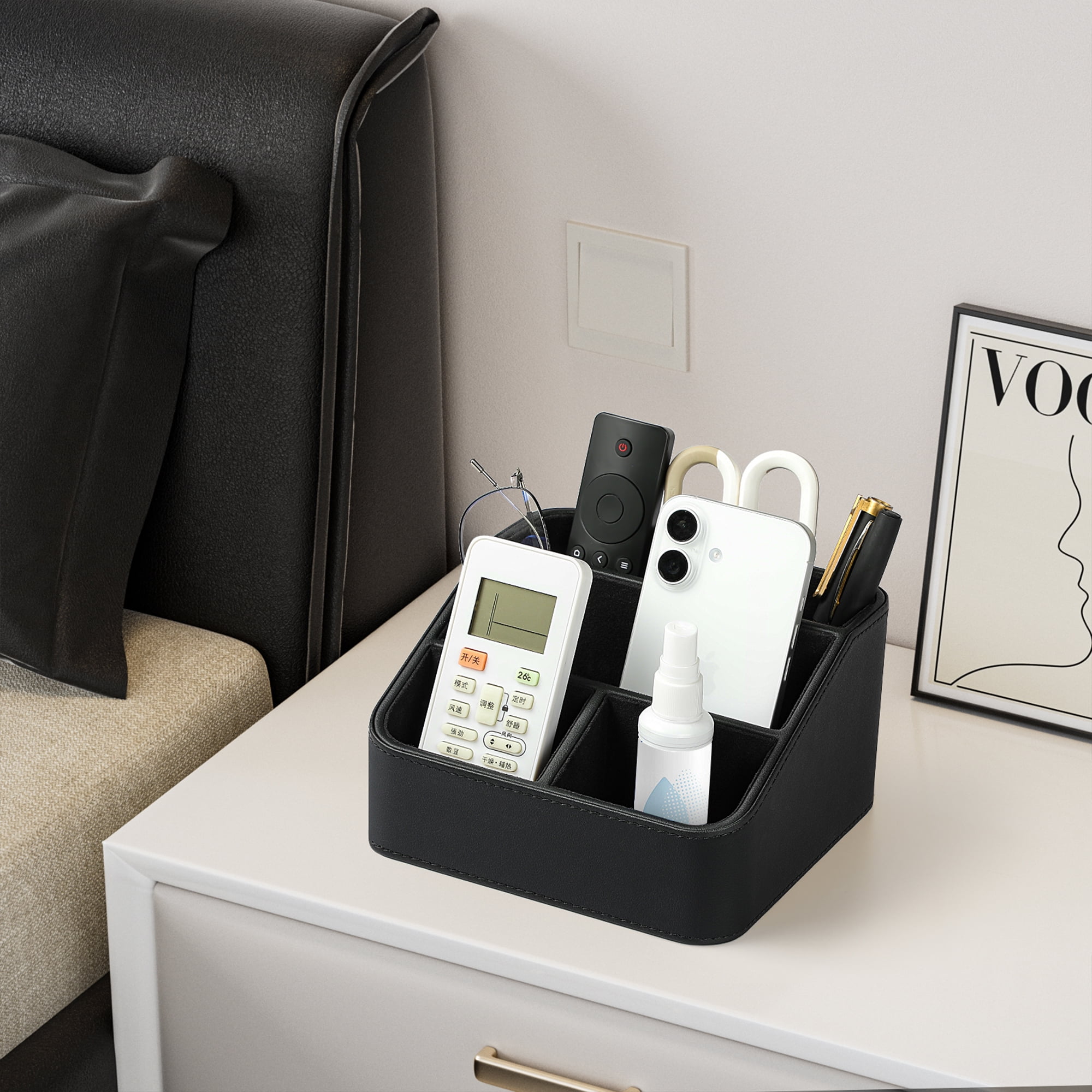 Remote Control Holder, PU Leather Small Desk Organizer Stylish Cute Desktop Organizer for Home Office Desk Accessories, Remote Caddy Bedside Nightstand Organizer for Women Men (Black)