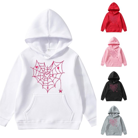 Byoo Tween Girls' Y2K Spider Web Heart Graphic Hoodie Long Sleeve Printed Pullover Hooded Sweatshirt Streetwear Tops,White