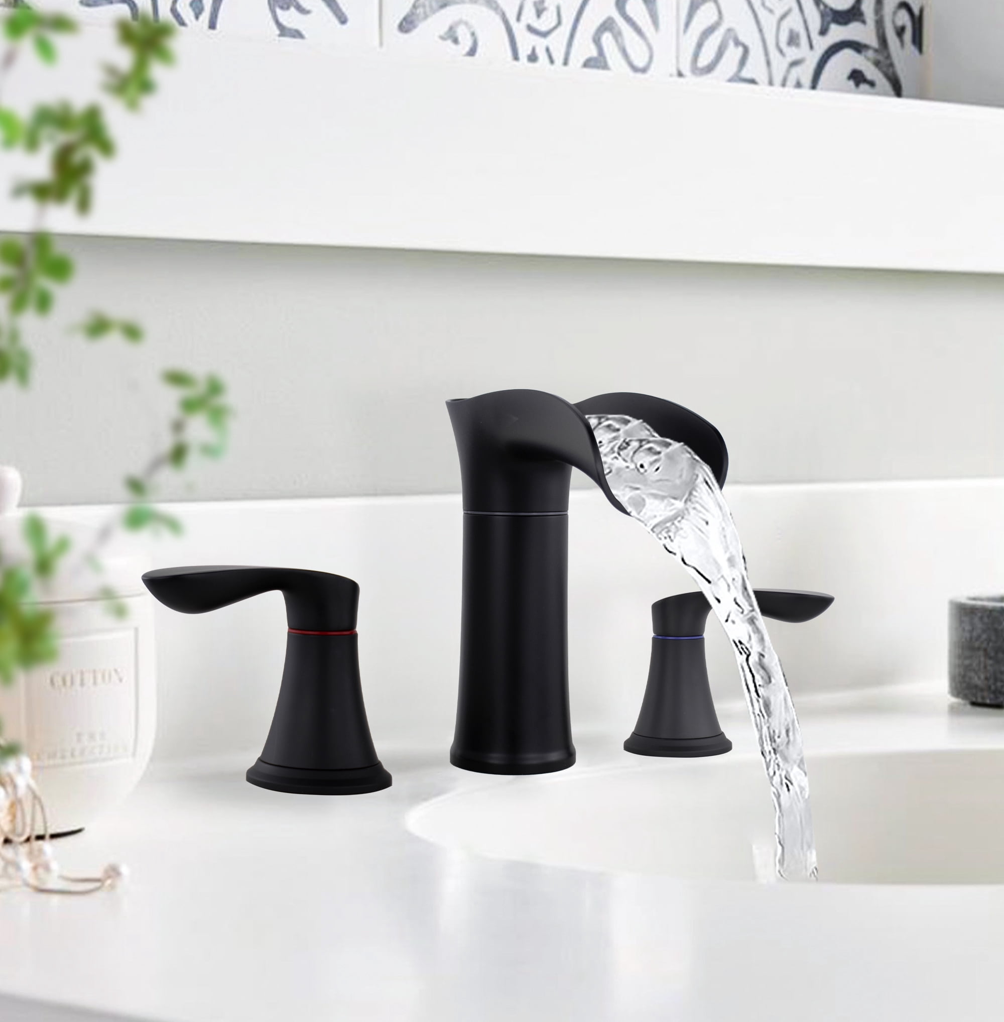 Sunrinx 8 Inch Bathroom Faucet Widespread 2-Handle Waterfall Sink Faucet Matte Black 360° Swivel 3 Hole with Pop Up Drain