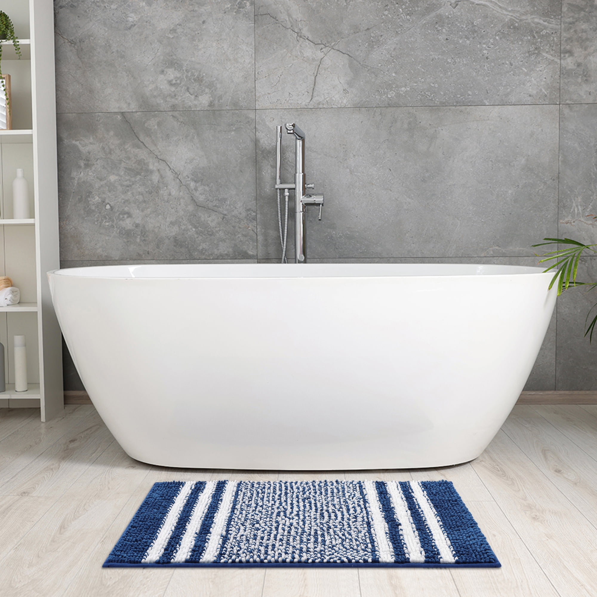 Unique Bargains Striped Chenille Bathroom Rug with Edges Non-Slip Bathroom Floor Mat Blue 16" x 24"