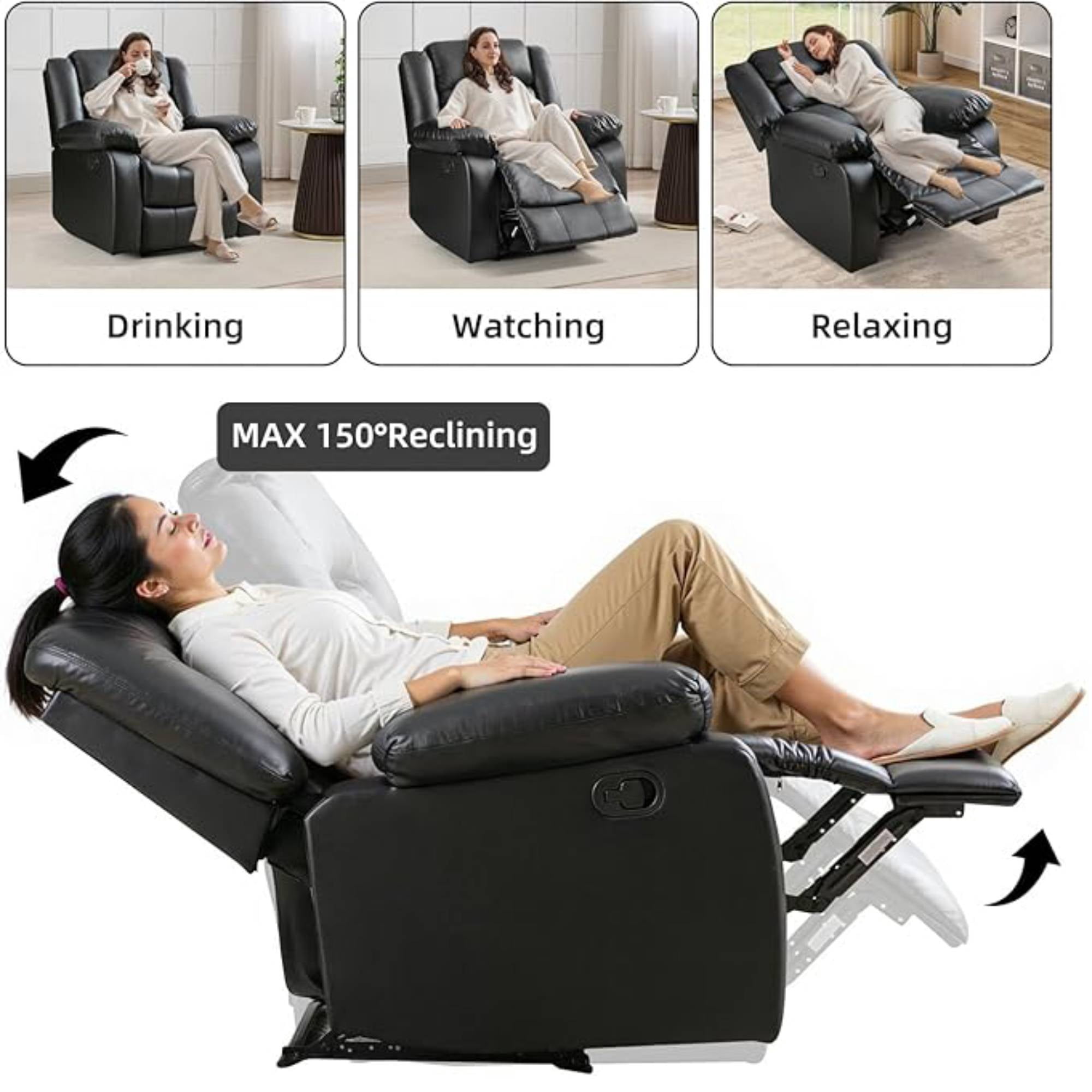 Manual Recliner Chair, Faux Leather Reclining Armchair Single Sofa with Overstuffed Back, Home Theater for Living Room, Black