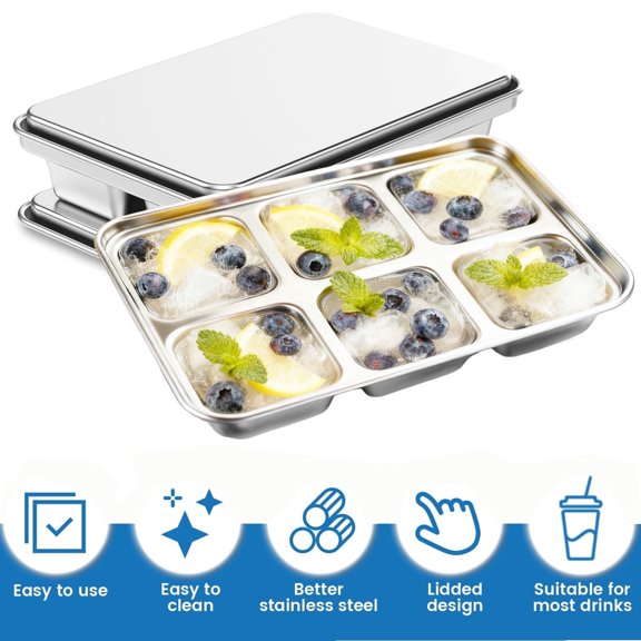 2Pcs Stainless Steel Ice Cube Trays, Easy Release Durable Metal Ice Mold for Freezer, Ideal for Whiskey, Cocktails, Drinks
