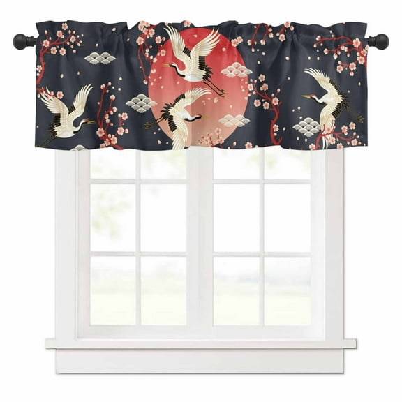 Pink Cherry Blossom Crane Valances for Windows Japanese Style Cloud Black Rod Pocket Curtain Valance Window Treatment Short Curtains for Kitchen Living Room, 60"x18"