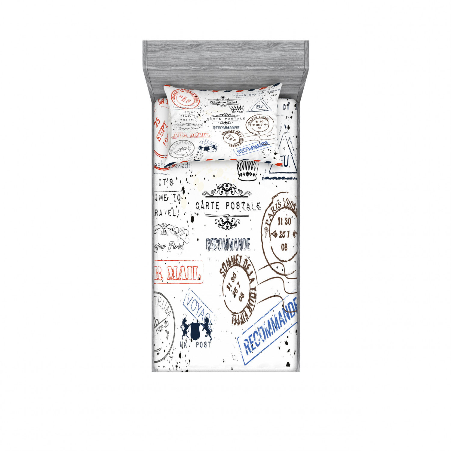 Vintage Bedding Set with Sheet & Covers, Retro Post Stamps Postage Mail