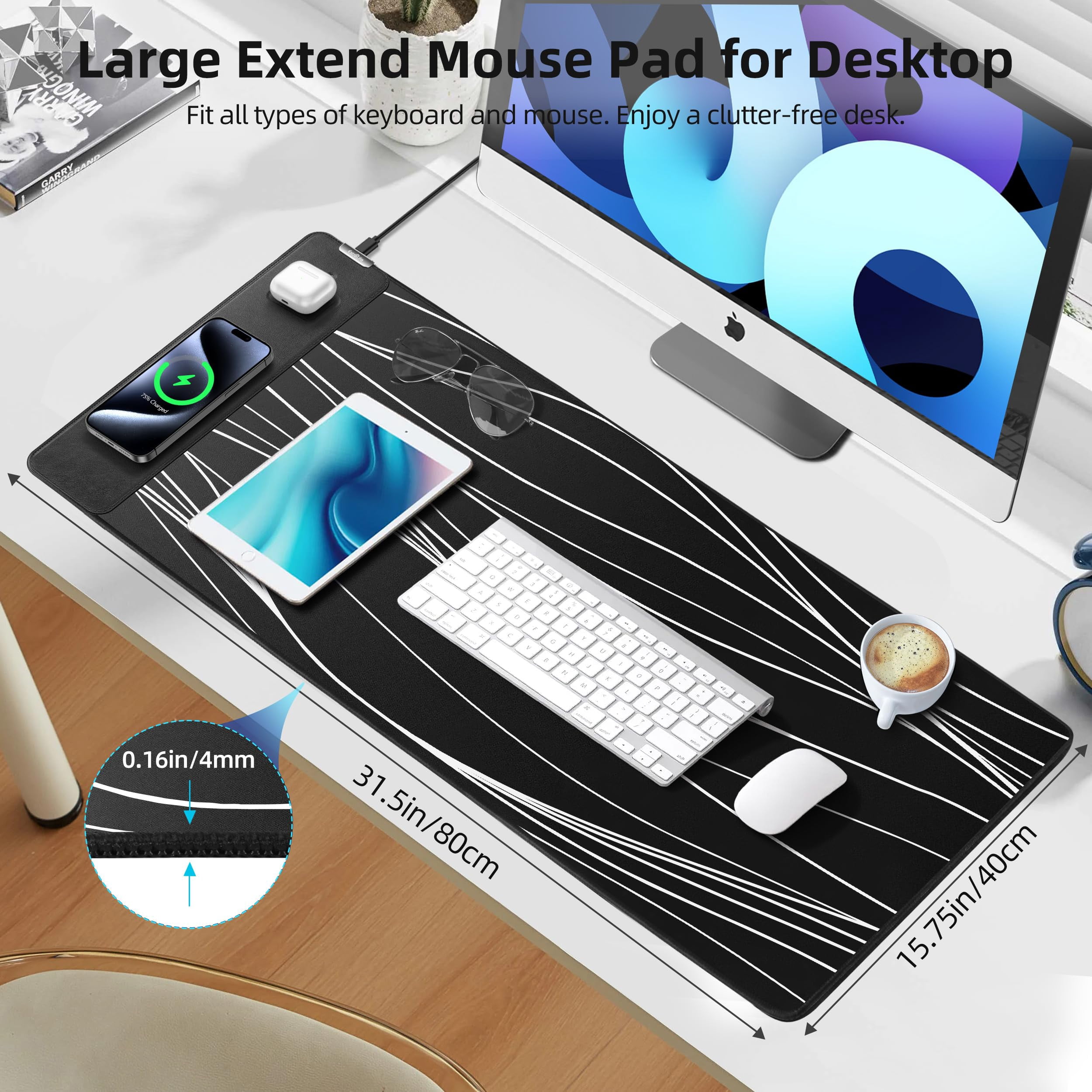 Extrelife RGB Gaming Mouse Pad with Magnetic Wireless Charger, Large Mouse Mat with 15W Fast Charging for Home, Office, School