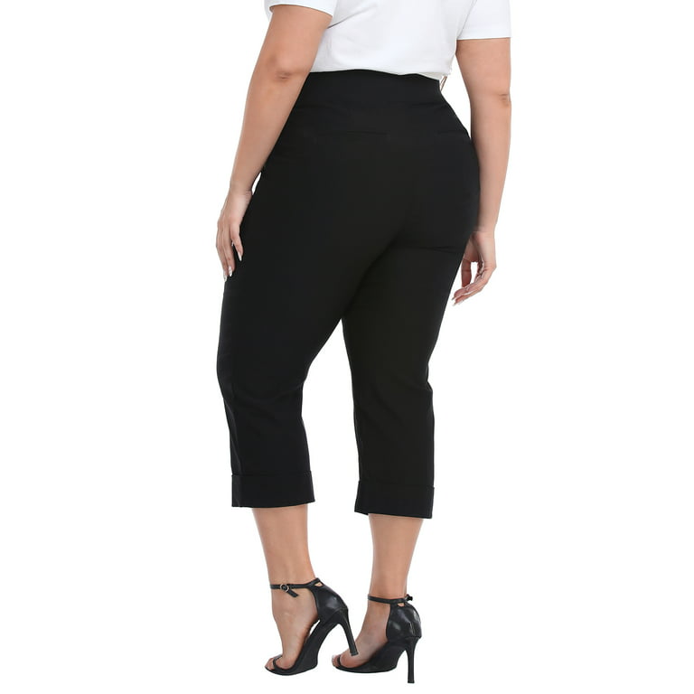 HDE Women's Plus Size Pull On Capris with Pockets Cropped Pants Black 1X 