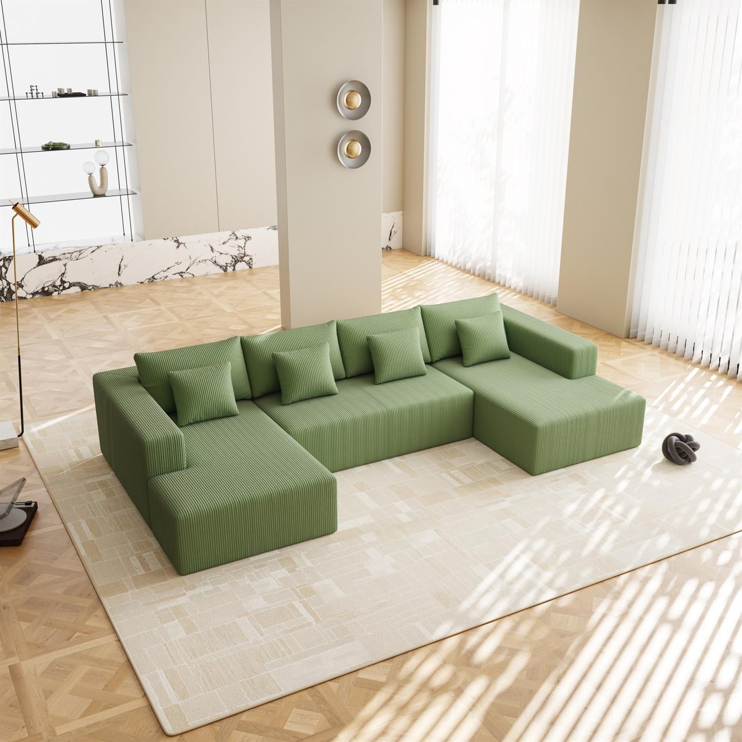 Demi Bonn 137" Reversible Corduroy U-Shaped Sectional Sofa for Living Rooms, Modern Couch with Plush Cushions for Family Gatherings & Relaxation, Green