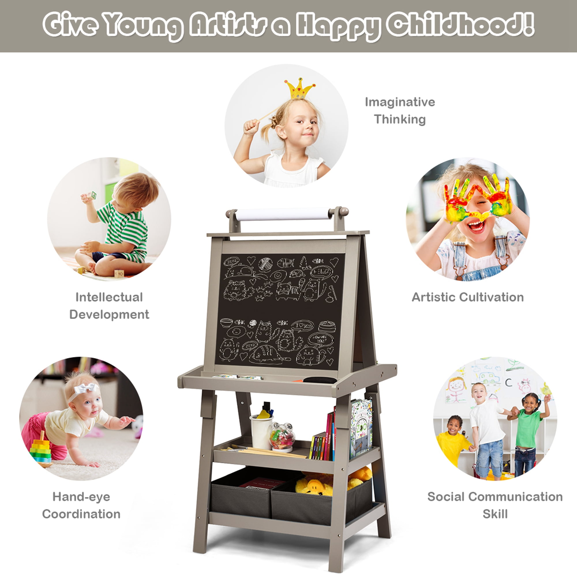 Costway 3 in 1 Double-Sided Wooden Kid's Art Easel Whiteboard Grey
