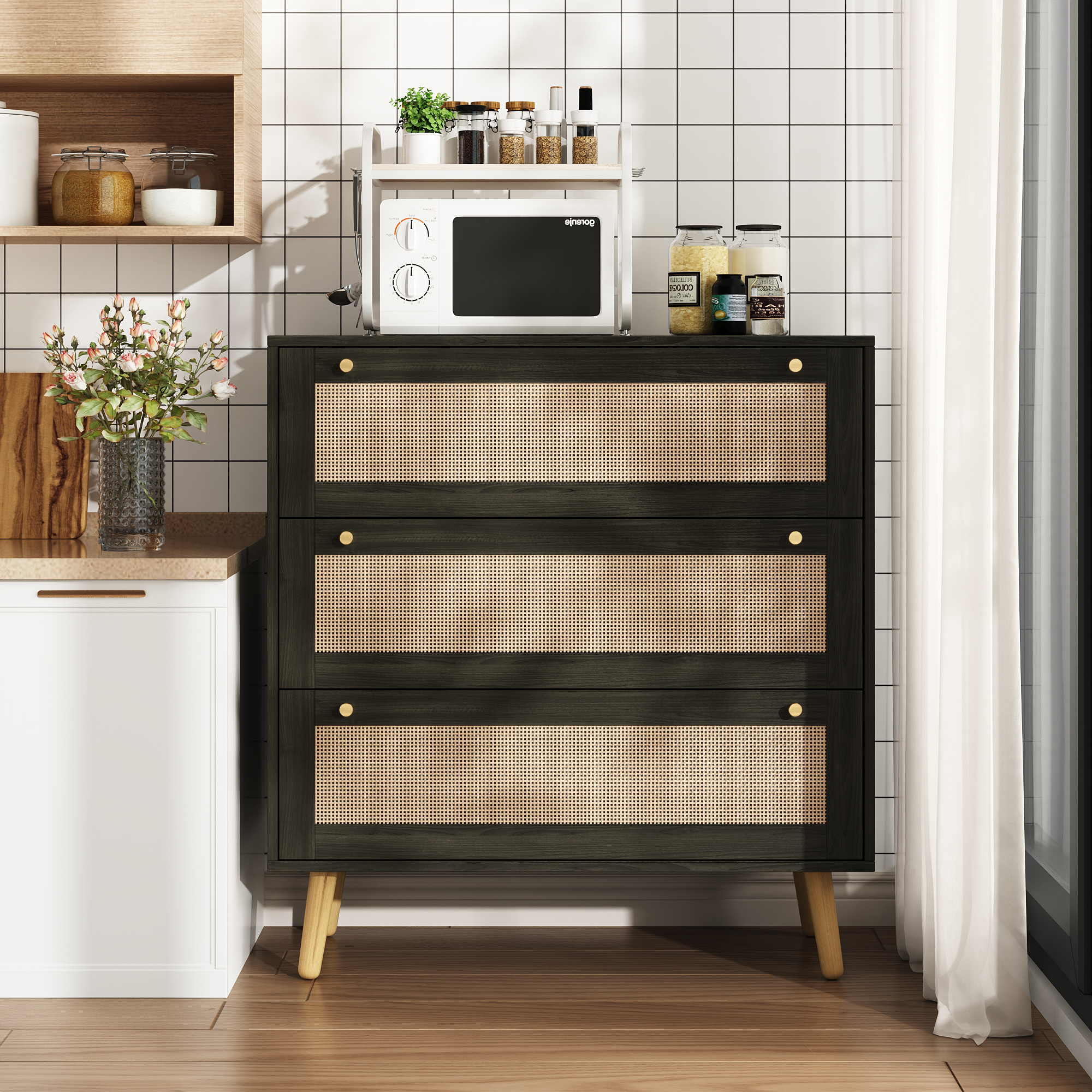 Dresser for Bedroom, 36'' Rattan Modern Chest of Drawers, 3 Drawer Storage Dresser, Closet Dressers with Golden Handles, Farmhouse Nightstand for Hallway, Living Room, Entryway