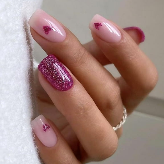 Pink Glitter Heart Press on Nails Medium Square Fake Nails Romantic Acrylic Glue on Nails Glossy Artificial Stick on Nails for Women Multicolor Valentines Design 1287