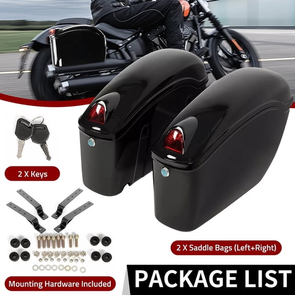 Universal Motorcycle Hard Saddlebags W/Lock & Lights for Honda Yamaha Harley Suzuki Kawasaki Cruiser Trunk Luggage Tour Black Saddle Bags Black