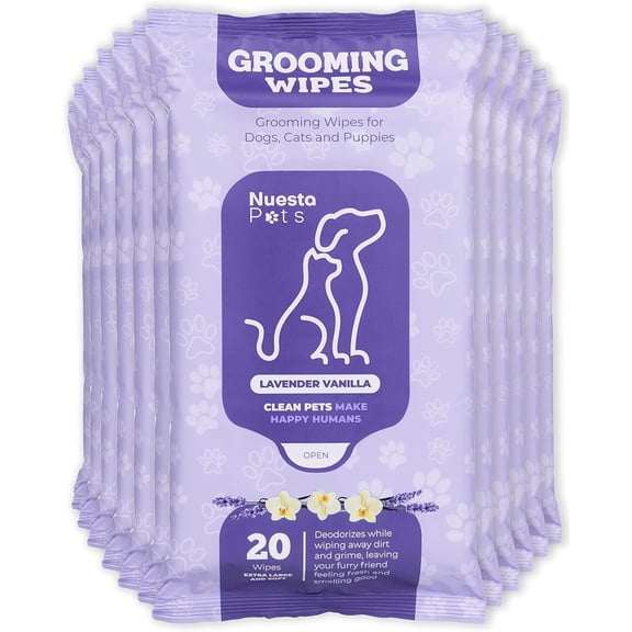 Nuesta Pets Lavender Vanilla Pet Wipes, 20 Count Packs (Set of 12), Deodorizing Grooming Wipes for Dogs & Cats