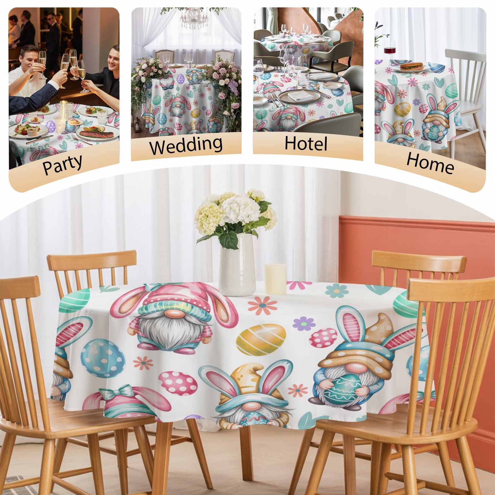 Round Tablecloth Easter Gnomes Pattern Waterproof Oil Proof Polyester Table Cloth Cover Decor for Home Dining Outdoor,Patio,Parties, 54" Dia. White