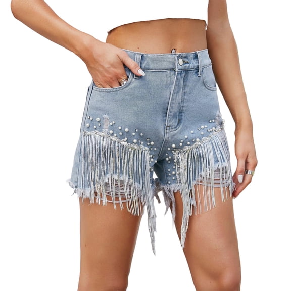 Tnhcen Women's Rhinestone Beaded Fringe Denim Shorts, Distressed High Waist Jean Shorts with Pockets, 100% Pre-Shrunk Casual Sexy Hot Pants XS-2XL