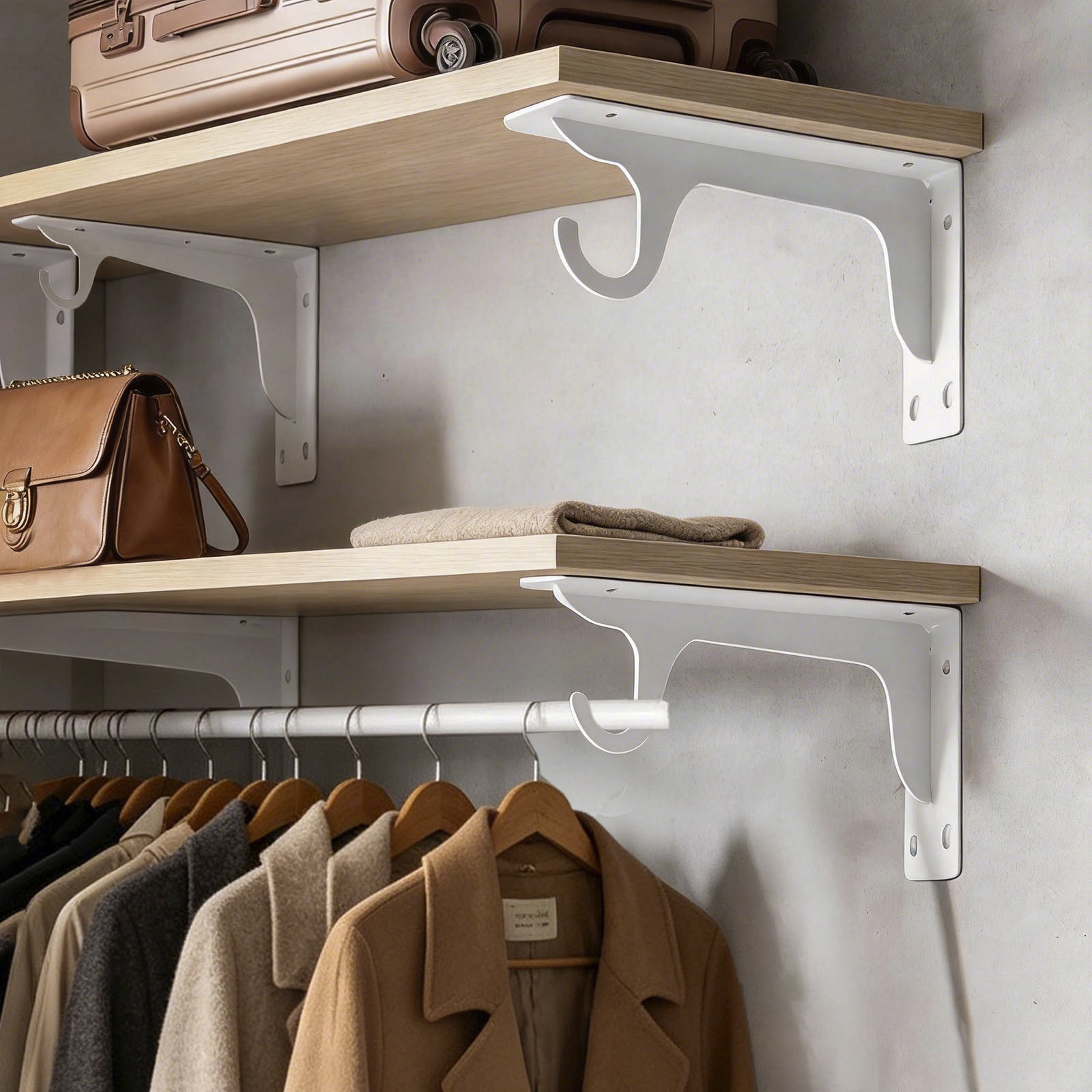 16 Inch Heavy Duty Wall Mounted Closet Rod Support Brackets with Hooks, Metal Shelf Brackets for Closet Storage